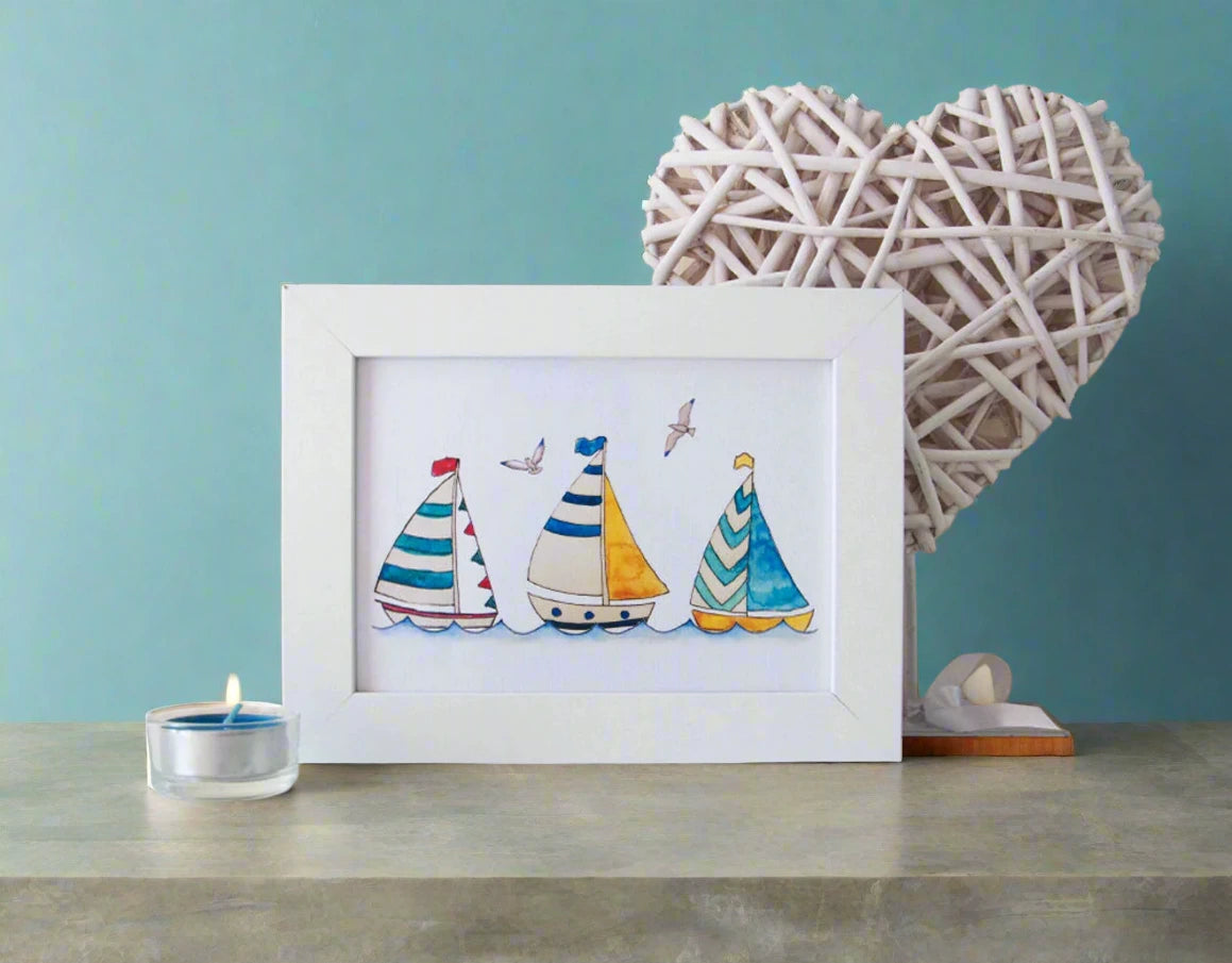 Watercolour Boats Wall Art Print 5'x 7'(13cm x 18cm )