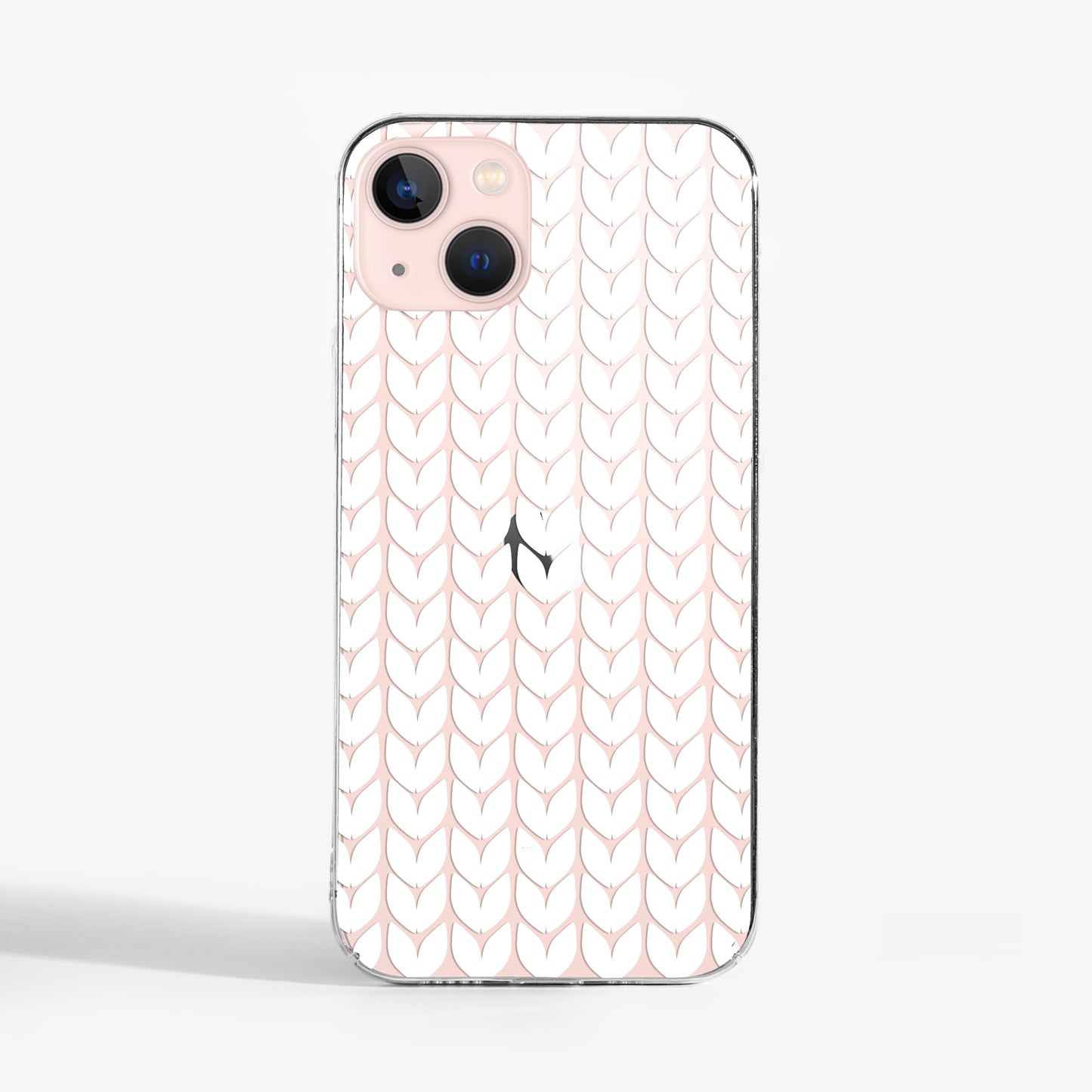 Clear knitted pattern phone case with cozy winter print design on a light pink iPhone.