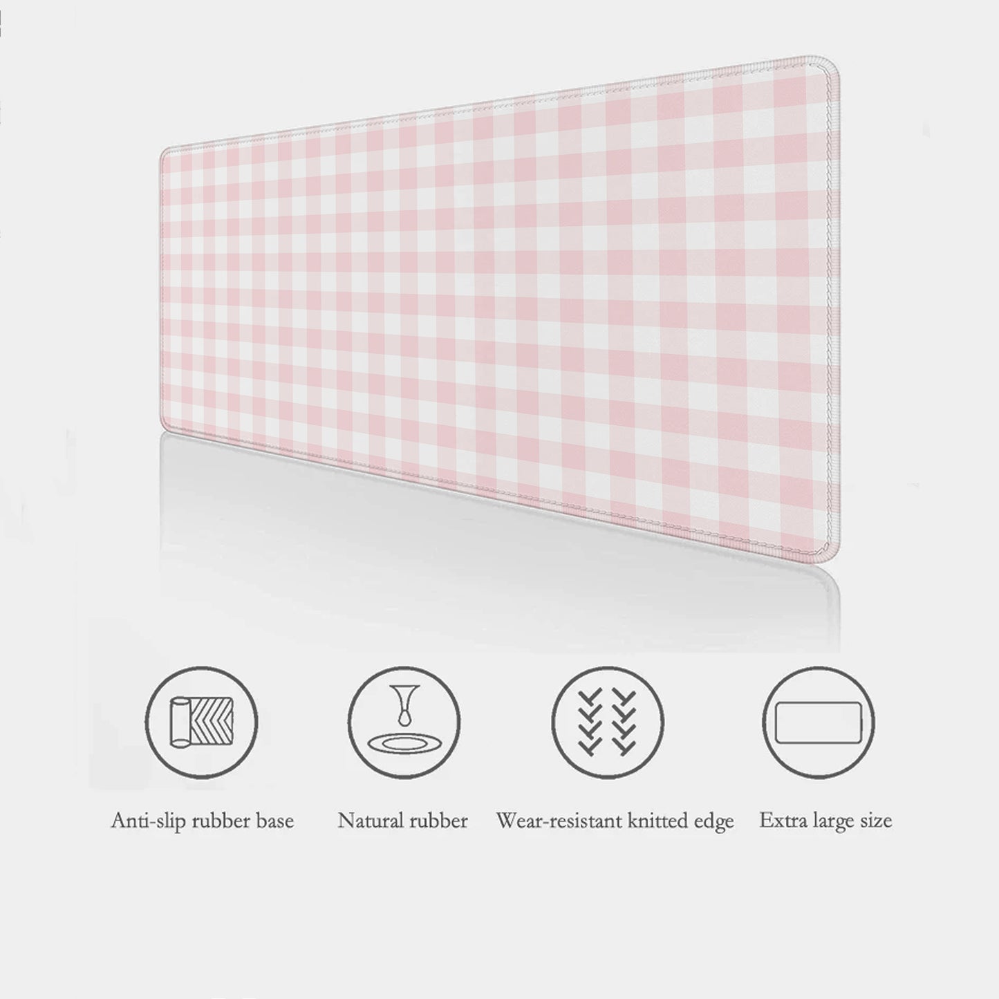 Pink and white checkered mouse pad with listed product features