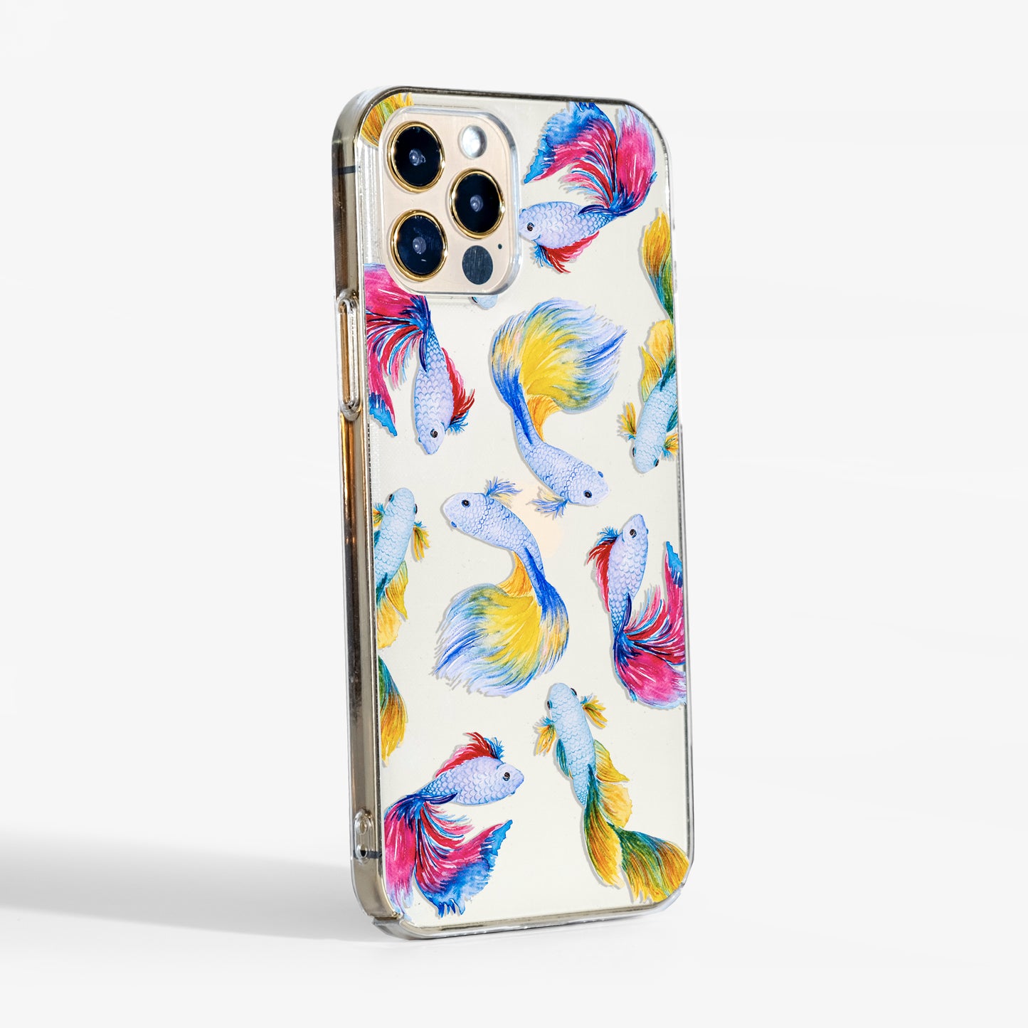 Side view of the Rainbow Fish Phone Case showing clear sides and vibrant print that won’t fade or peel over time.