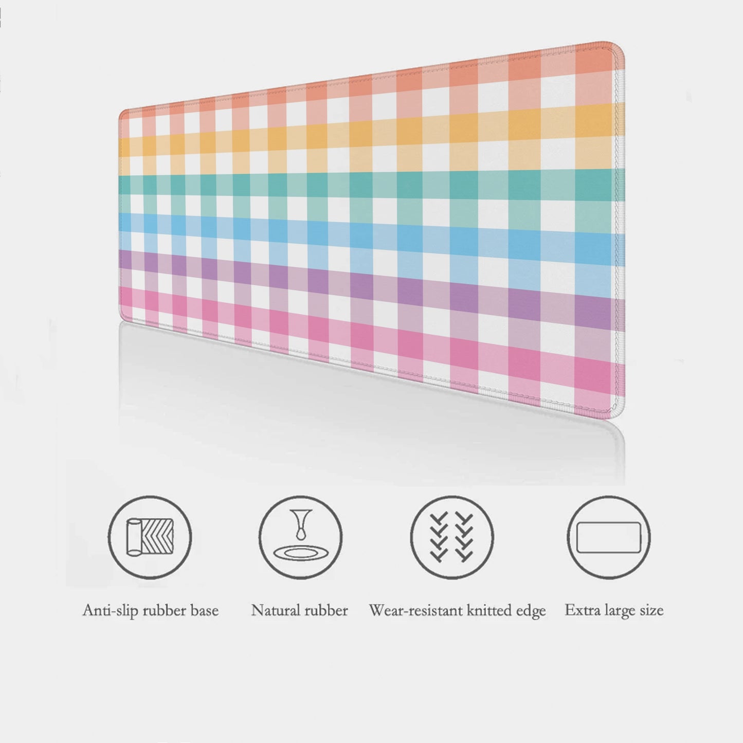 Colorful plaid mouse pad with anti-slip rubber base and wear-resistant knitted edge features on a white background.