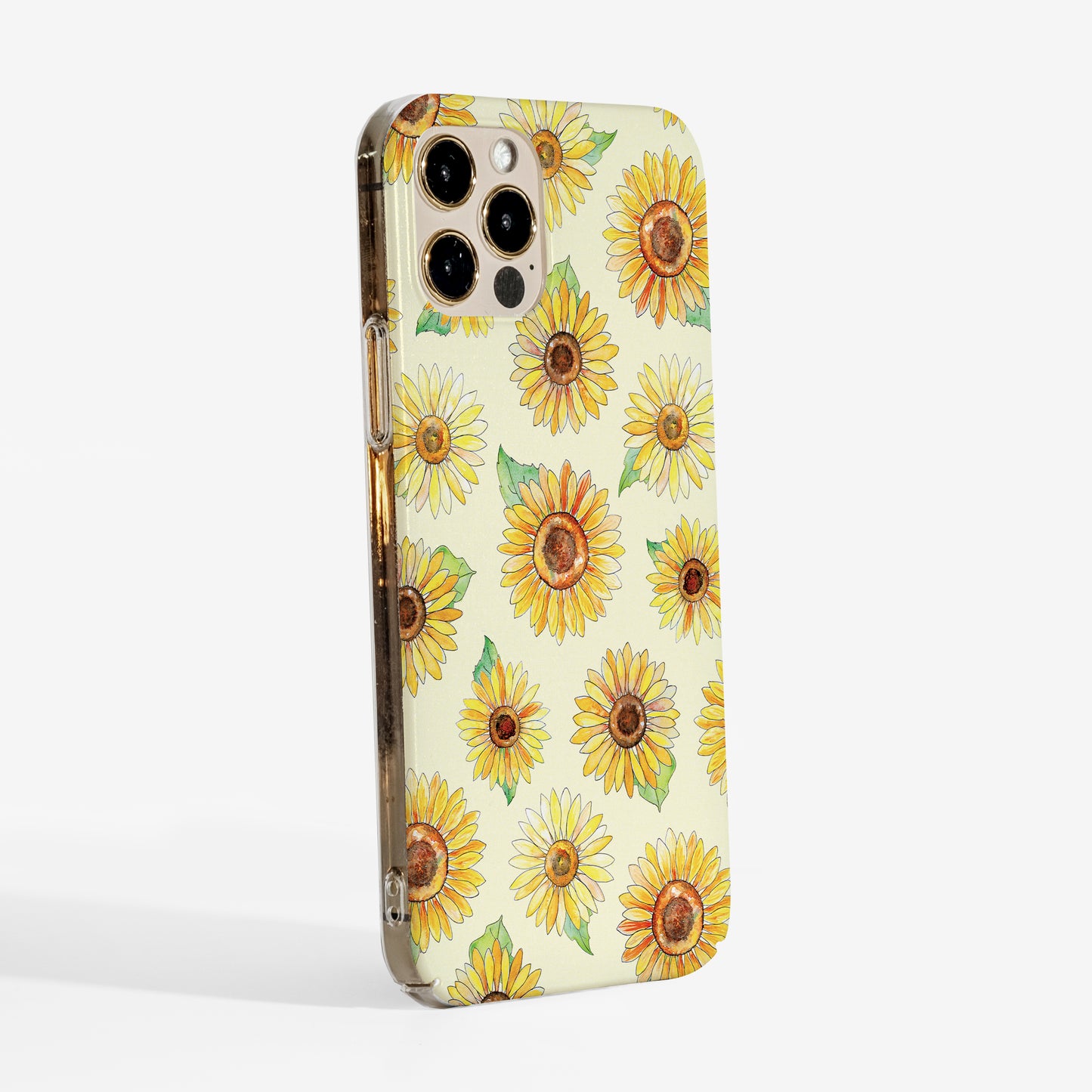 Side view of the Sunflowers Phone Case showing clear frame and sooth matte floral print — protective yet pretty cover