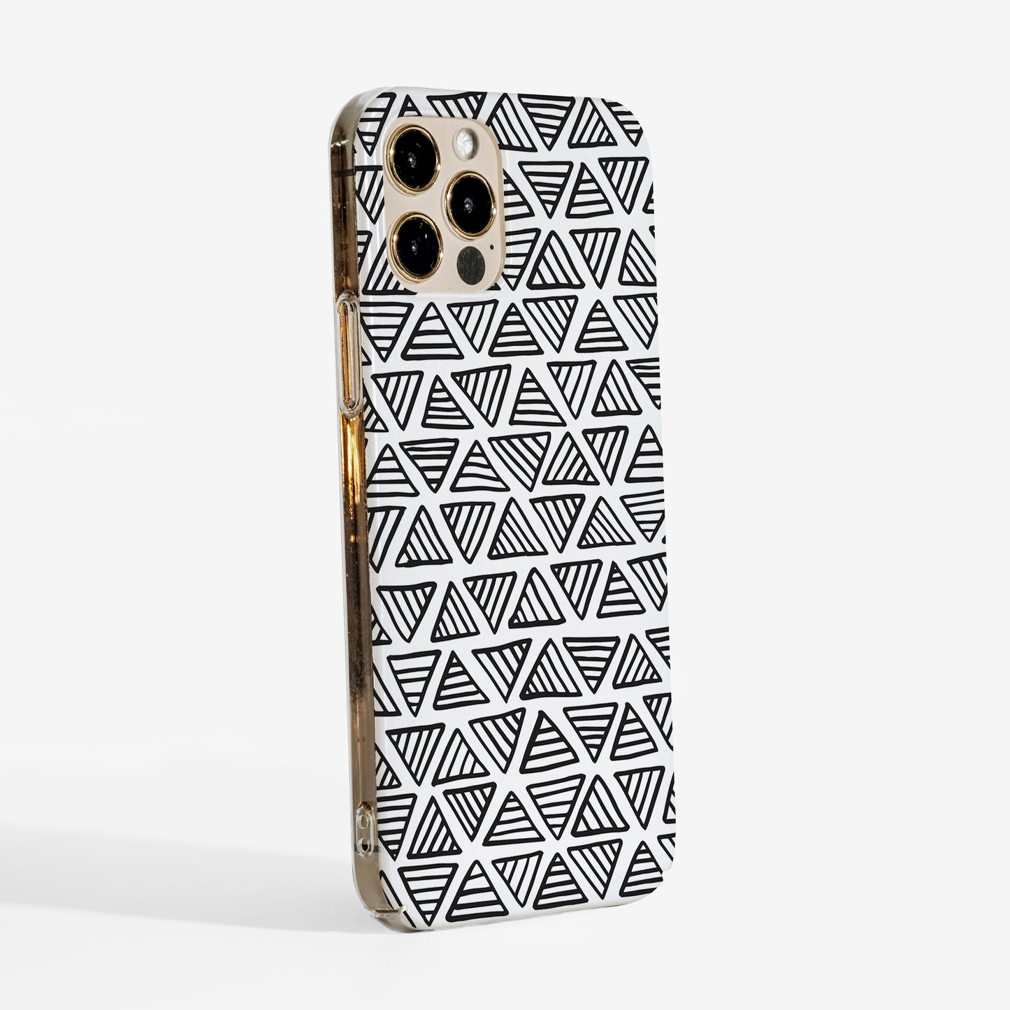 Side view Phone case with black geometric triangle pattern on a white background and clear sides for a modern minimal look
