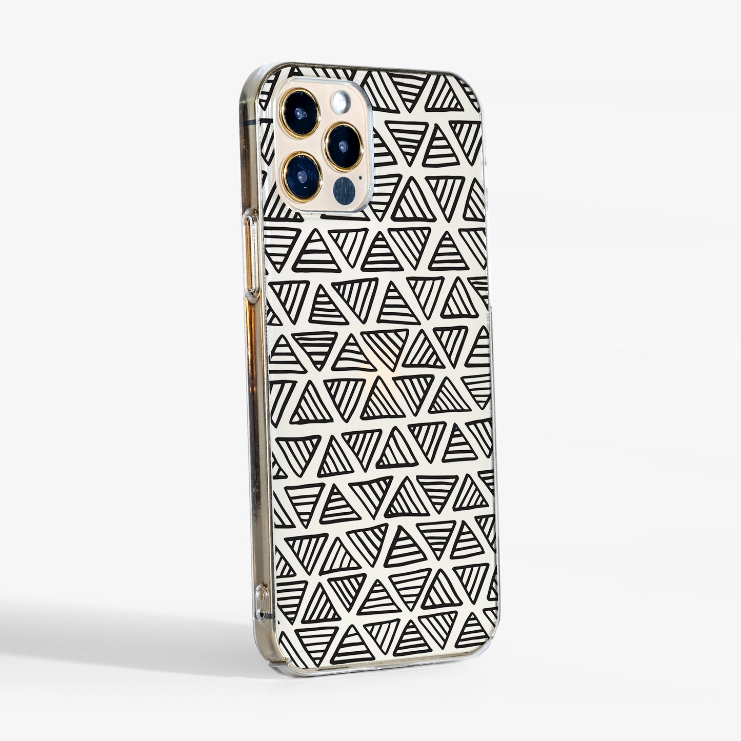 Side View of Clear Phone case with black geometric triangle pattern highlighting transparent sides