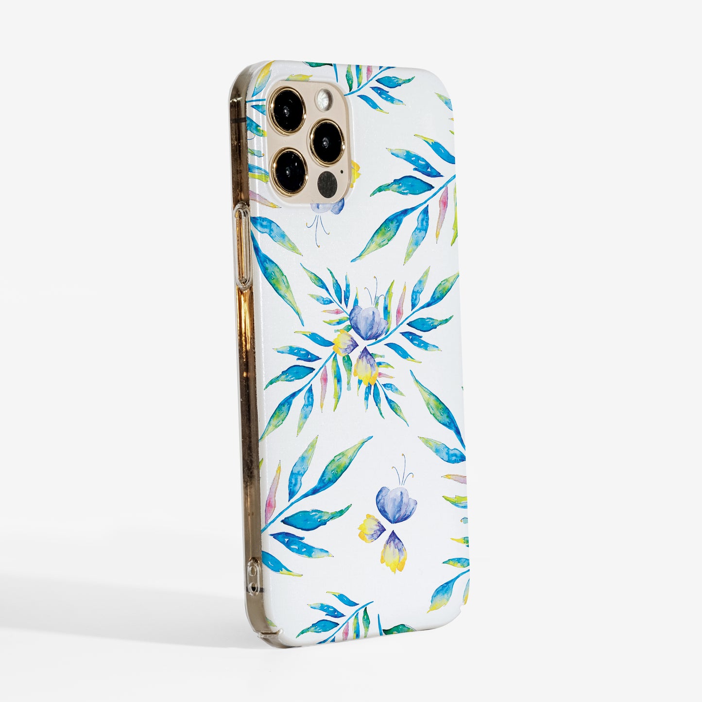 Side View of Watercolour Floral Phone case with colorful floral design on a white background showing clear sides and snug fit