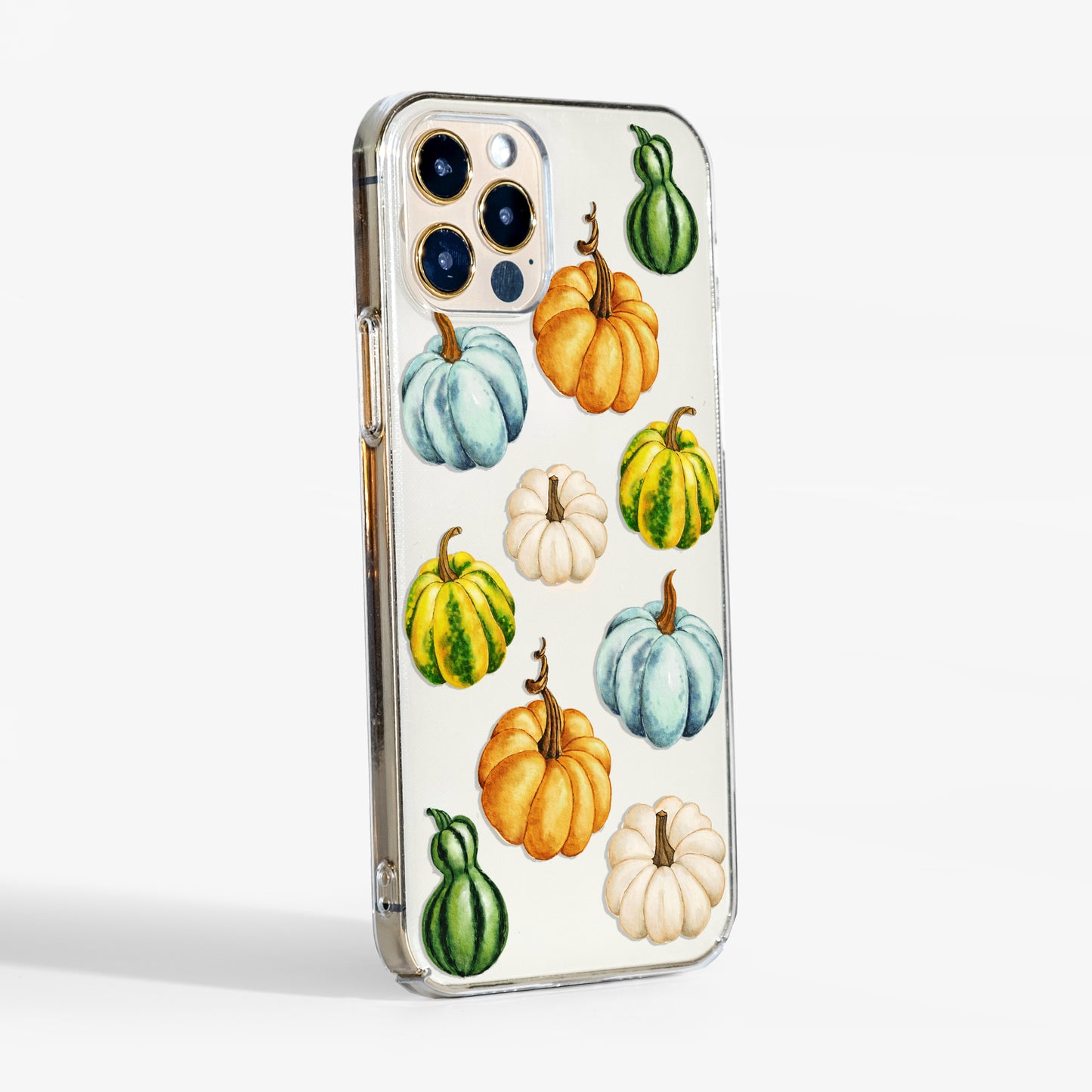 Side view showing clear phone case with watercolour pumpkins and transparent sides - slim and durable fit for iPhone, Samsung and Google Pixel