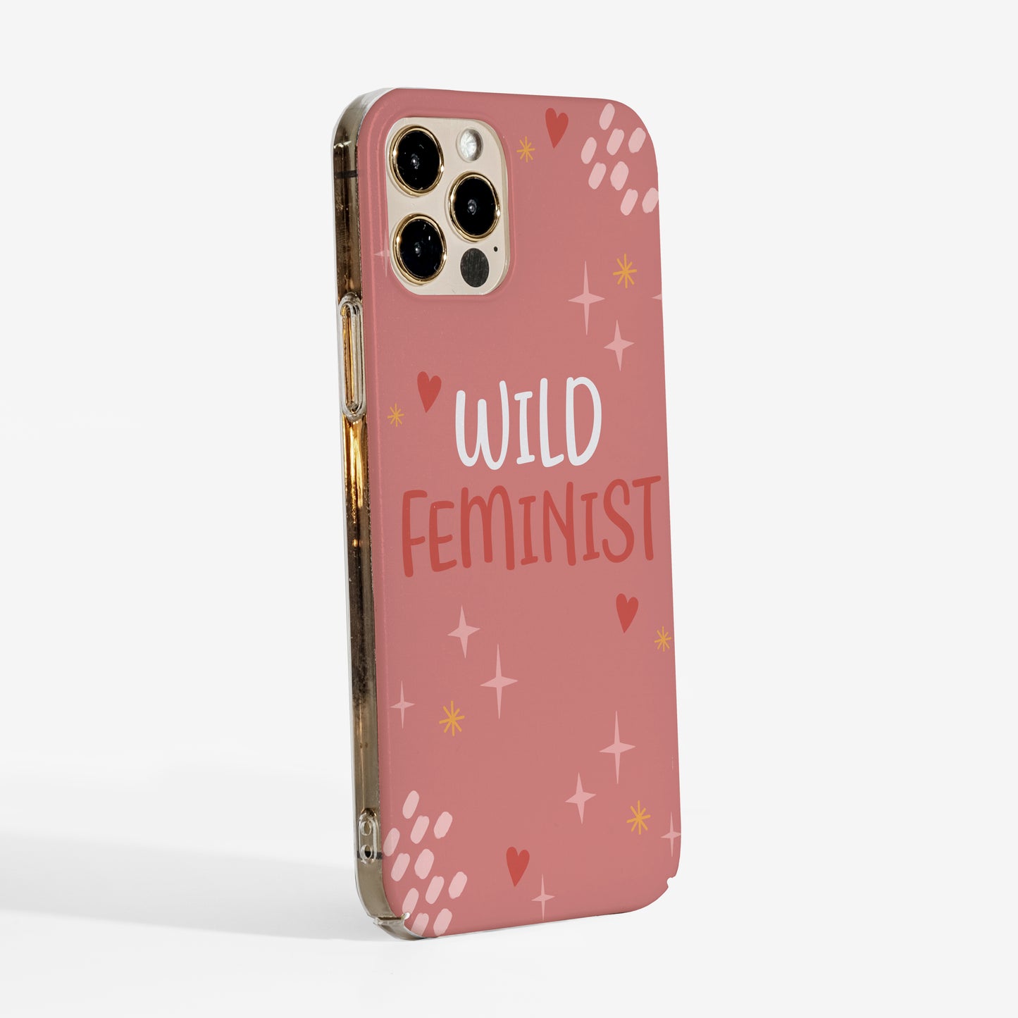 Pretty Phone case with 'Wild Feminist' text on a pink background and trasnparent sides