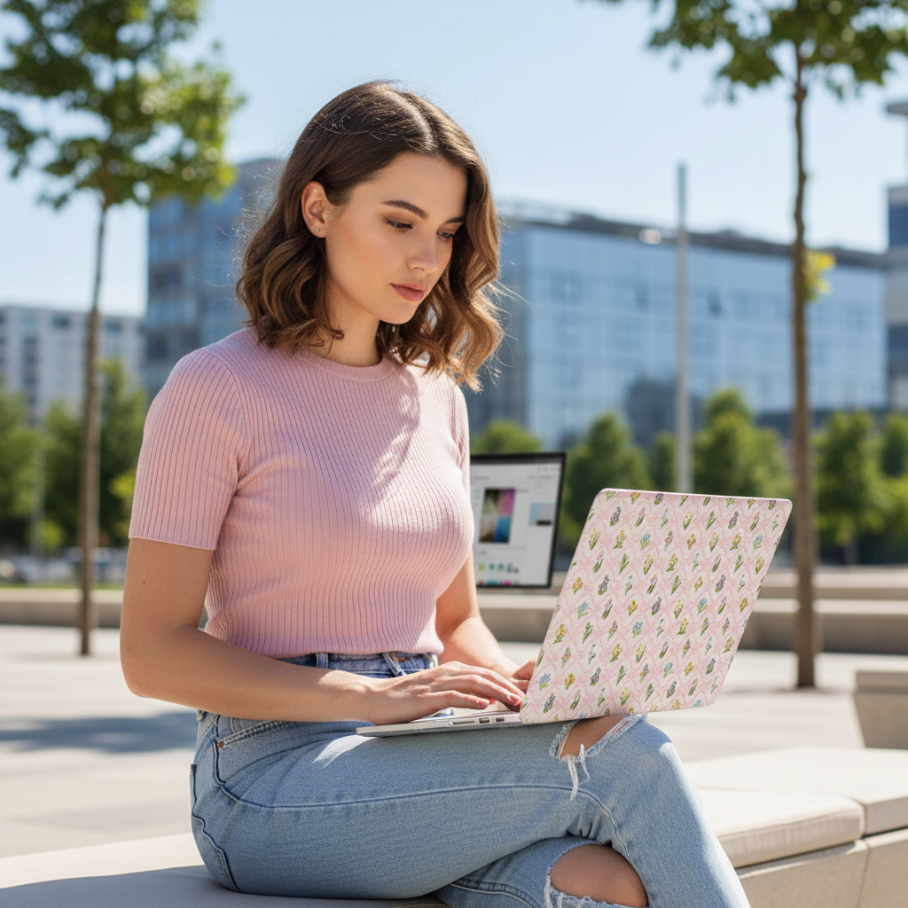 Floral MacBook case featuring delicate spring wildflowers and a pink bow pattern inspired by vintage botanical illustrations.