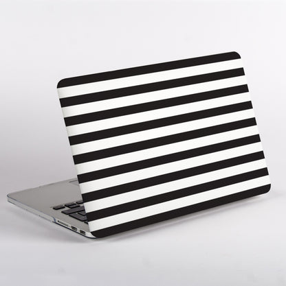 Side View of Black and white striped pattern MacBook case on a MacBook with white background.
