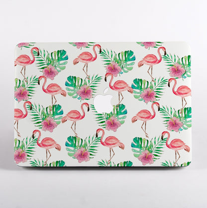 MacBook with a flamingo and leaf pattern case on a white background