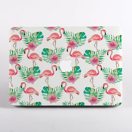 MacBook with a flamingo and leaf pattern case on a white background
