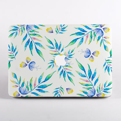 MacBook with a colorful leaf and butterfly pattern Laptop Case on a white background