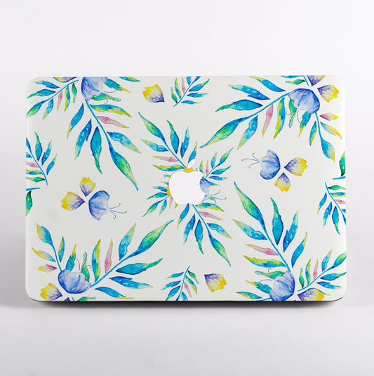 MacBook with a colorful leaf and butterfly pattern Laptop Case on a white background