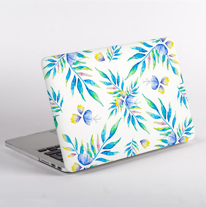Side View MacBook with a colorful leaf and butterfly pattern Laptop Case on a white background