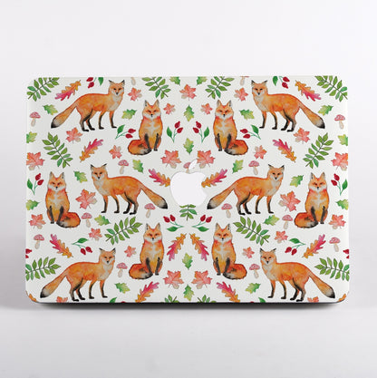 MacBook Case with fox and leaf pattern on a white background