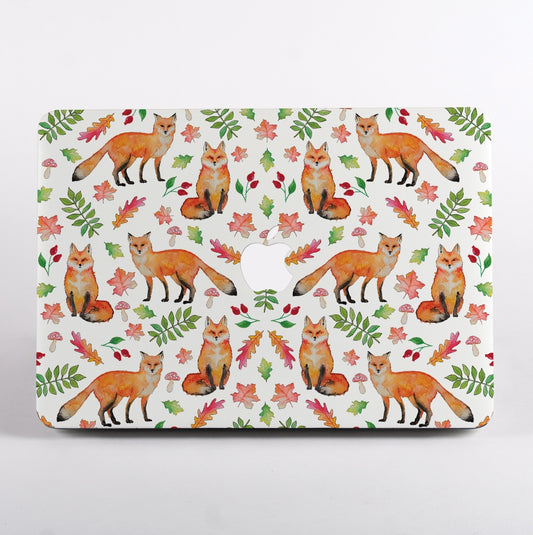 MacBook Case with fox and leaf pattern on a white background