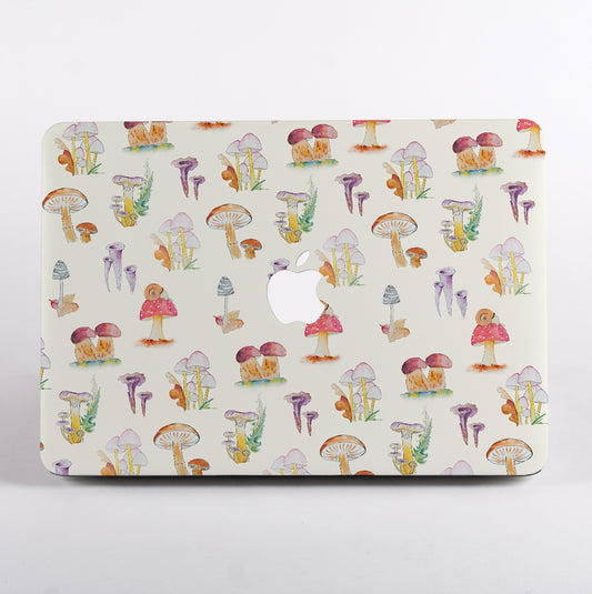 Macbook with a colorful mushroom pattern case on a white background