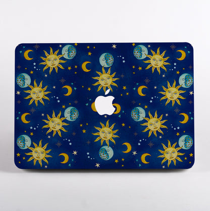 MacBook Case with celestial design featuring suns, moons, and stars on a blue background