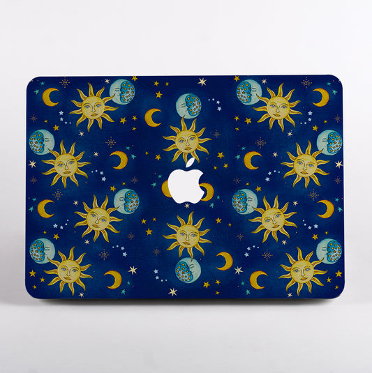 MacBook Case with celestial design featuring suns, moons, and stars on a blue background