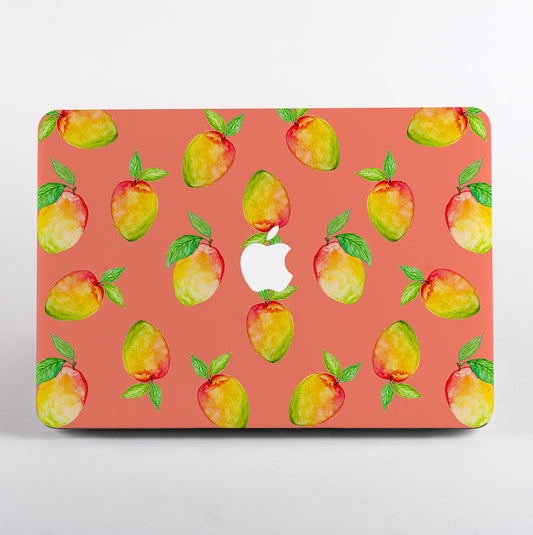 MacBook with a peach patterned case