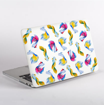 MacBook with a Betta Fish patterned white case