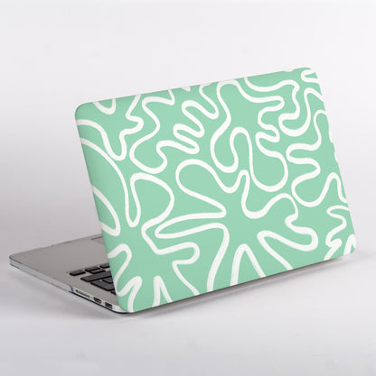 Side view of MacBook with mint green and white line patterned case 