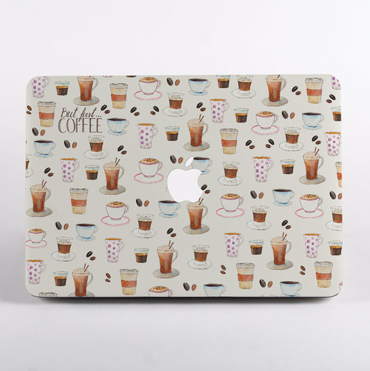 MacBook with a coffee-themed case on a white background