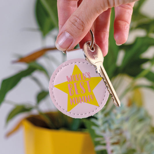 Pink Keychain with 'World's Best Mummy' text on a Yellow star background, perfect for Mother's day gift.