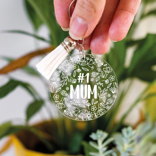Clear Acrylic keyring with white floral design and Number 1 Mum text, perfect little gift for mum