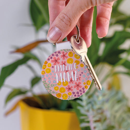 Round leather keyring with coulourful floral design and Amazing Mama text- perfect gift to show mum how great she is 