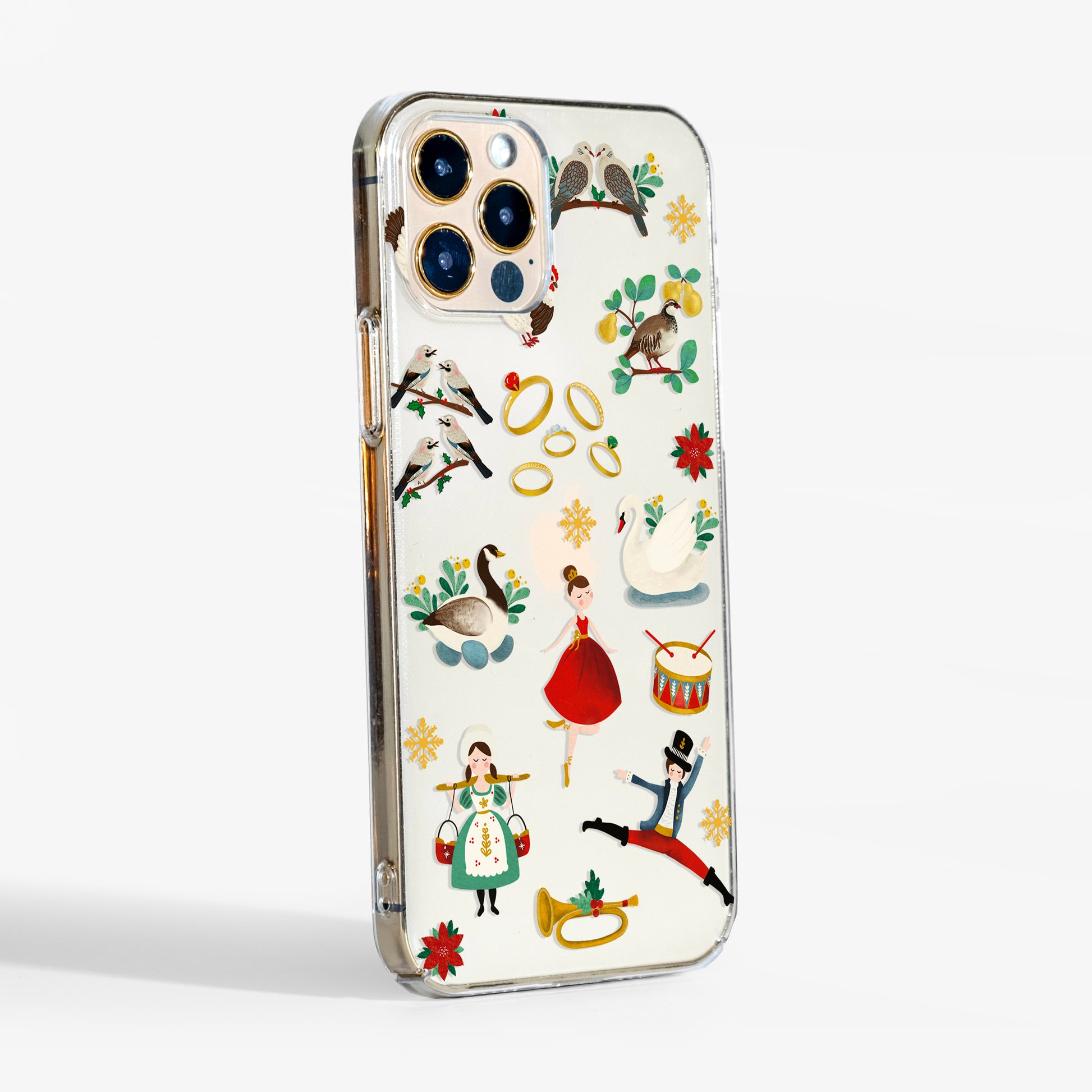 Clear hard phone case featuring a festive illustration of the 12 Days of Christmas, with clear sides, perfect holiday gift for iPhone and Samsung users who love artistic, protective cases