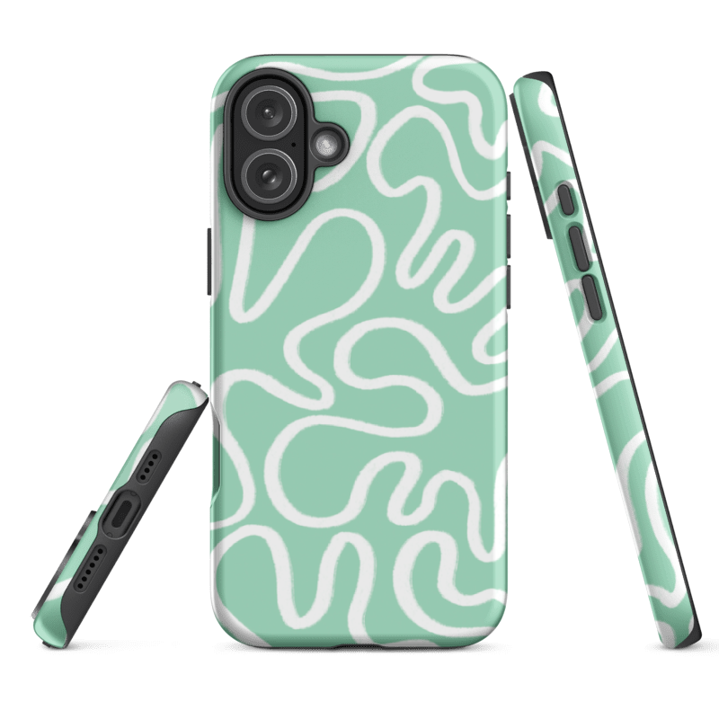 Cute tough iPhone 16e case with white abstract lines on a mint green background — dual-layer shell with black TPU and glossy printed cover. 