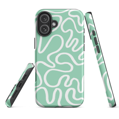 Cute tough iPhone 16e case with white abstract lines on a mint green background — dual-layer shell with black TPU and glossy printed cover. 