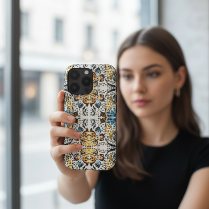 Woman holding a phone with Abstract Animal Print Phone Case  showing everyday use