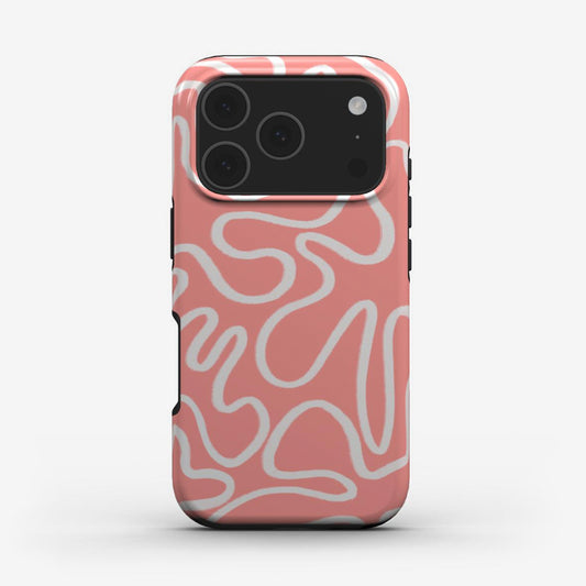 Protective pink phone case with white abstract line pattern — stylish and durable choice for anyone who wants a chic, tough case that stands out