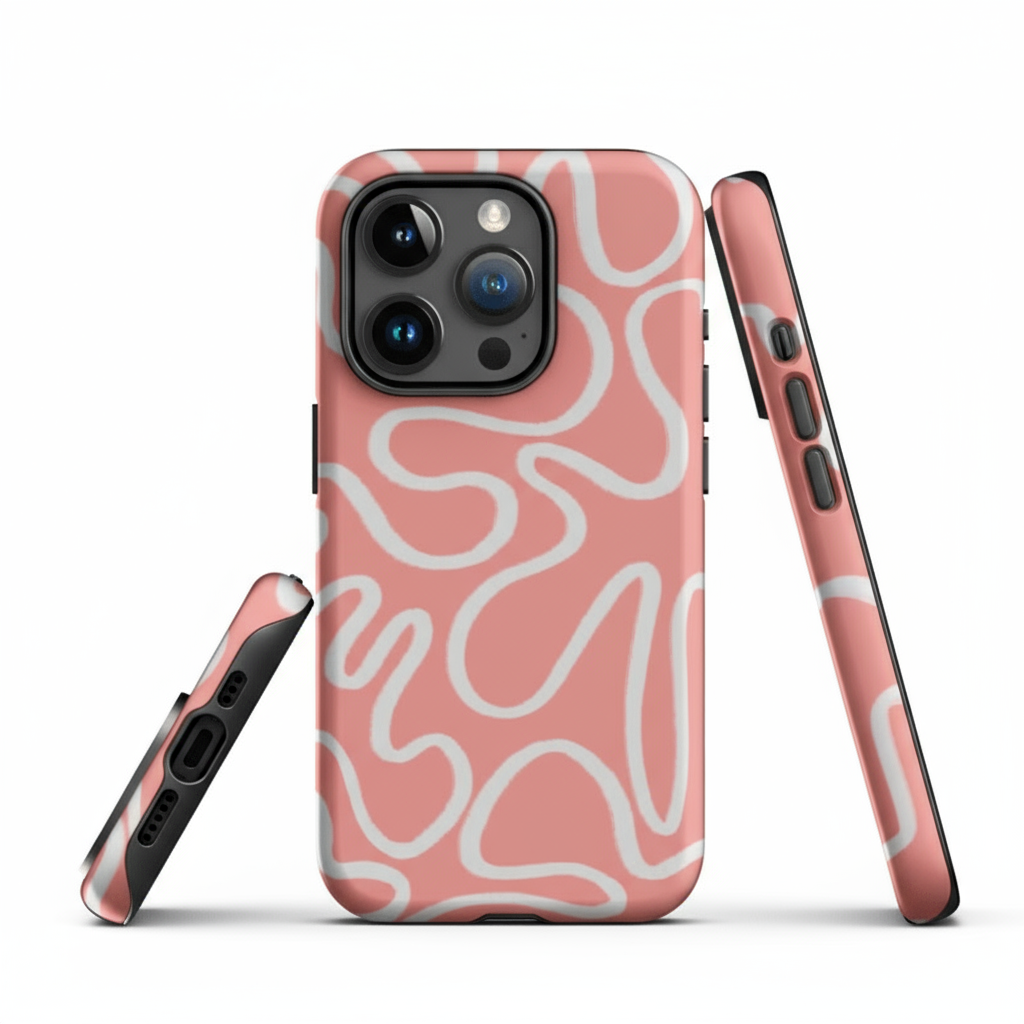 Cute iPhone 15 case with white abstract lines on a bright pink background — dual-layer shell with black TPU and glossy printed cover. 