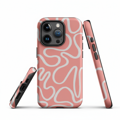 Cute iPhone 15 case with white abstract lines on a bright pink background — dual-layer shell with black TPU and glossy printed cover. 