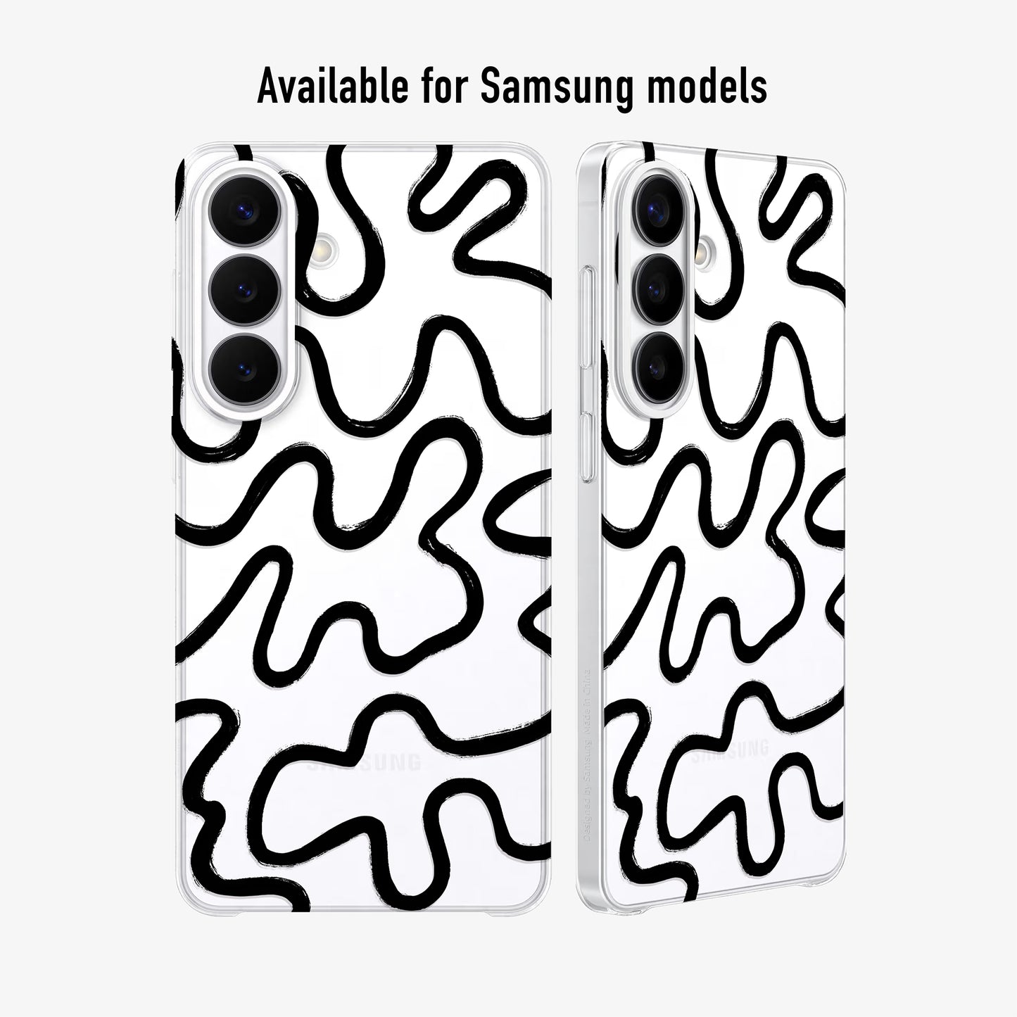 Clear Phone case with black wavy pattern  available for Samsung models.