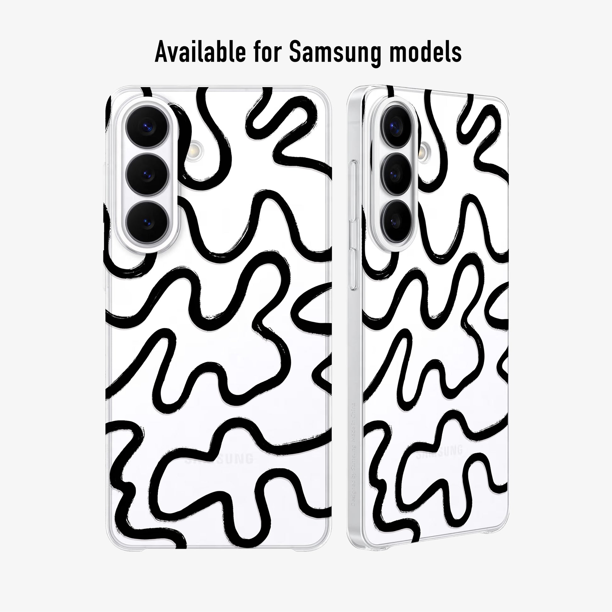 Clear Phone case with black wavy pattern  available for Samsung models.