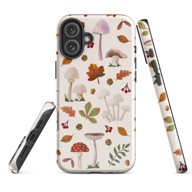 Tough iPhone case with watercolour mushrooms and autumn leaves— dual layer cover with black TPU and glossy hard shell for extra protection