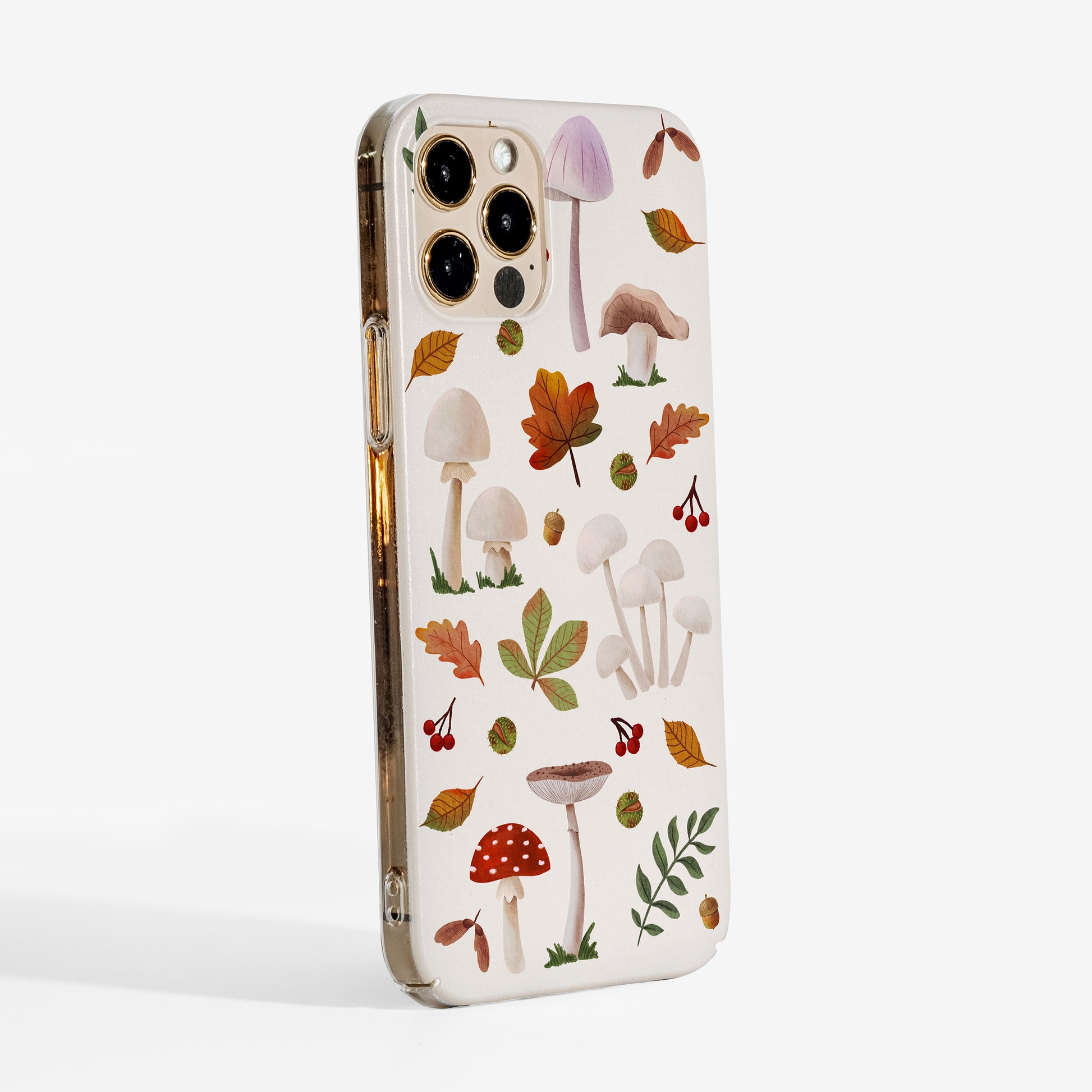Hard phone case with watercolour mushrooms and clear transparent edges — a protective and artistic choice for nature lovers