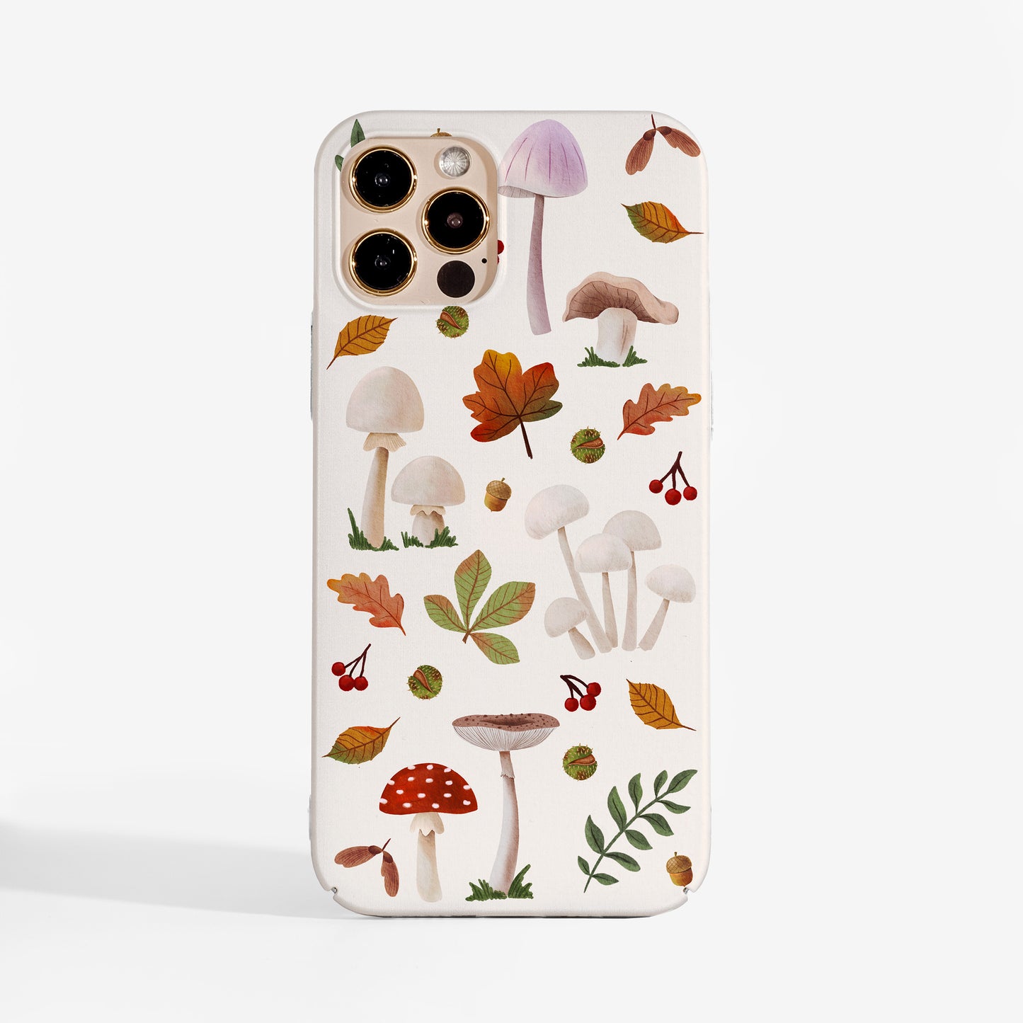 Durable hard phone case with autumn-themed design featuring mushrooms, leaves, and berries on a off-white background, perfect for seasonal style and protection.