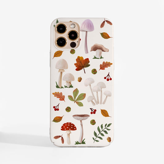 Durable hard phone case with autumn-themed design featuring mushrooms, leaves, and berries on a off-white background, perfect for seasonal style and protection.