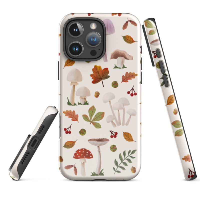 Pretty phone case featuring watercolour mushrooms and autumn leaves desing, printed on a strong dual layer protective shell, perfect for everyday protection