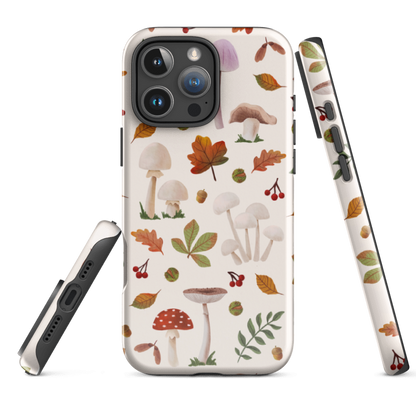 Pretty phone case featuring watercolour mushrooms and autumn leaves desing, printed on a strong dual layer protective shell, perfect for everyday protection