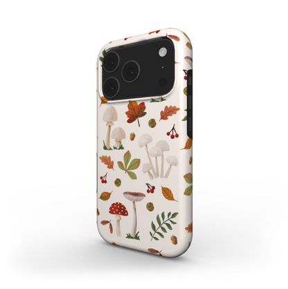 Tough phone case with full wraparound print featuring watercolour mushrooms and autumn leaves— a protective and artistic choice for nature lovers