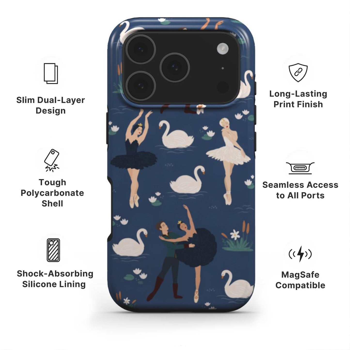 Ballet Tough Phone Case showing features like dual layer protection, long-lasting print and easy access to all ports 