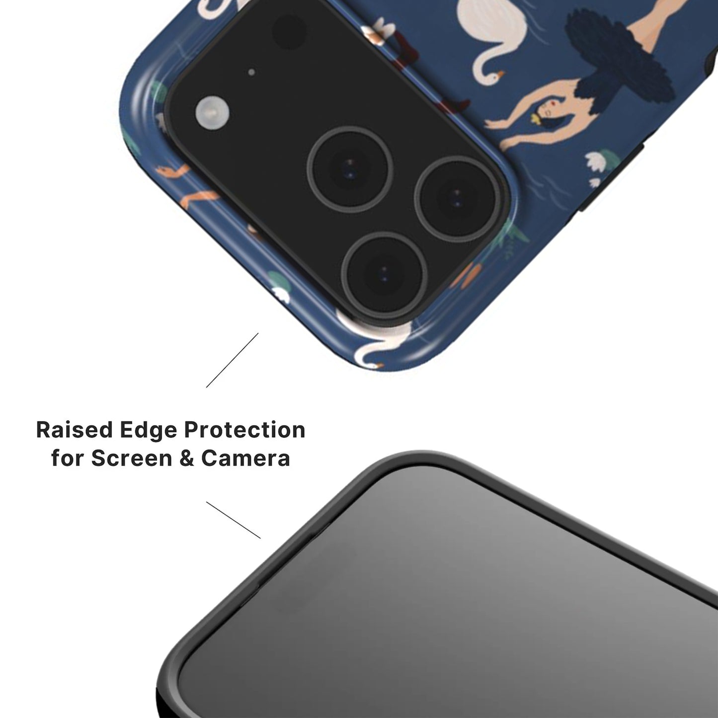 Swan Lake ballet Phone case showing raised camera and screen edges with black rim 