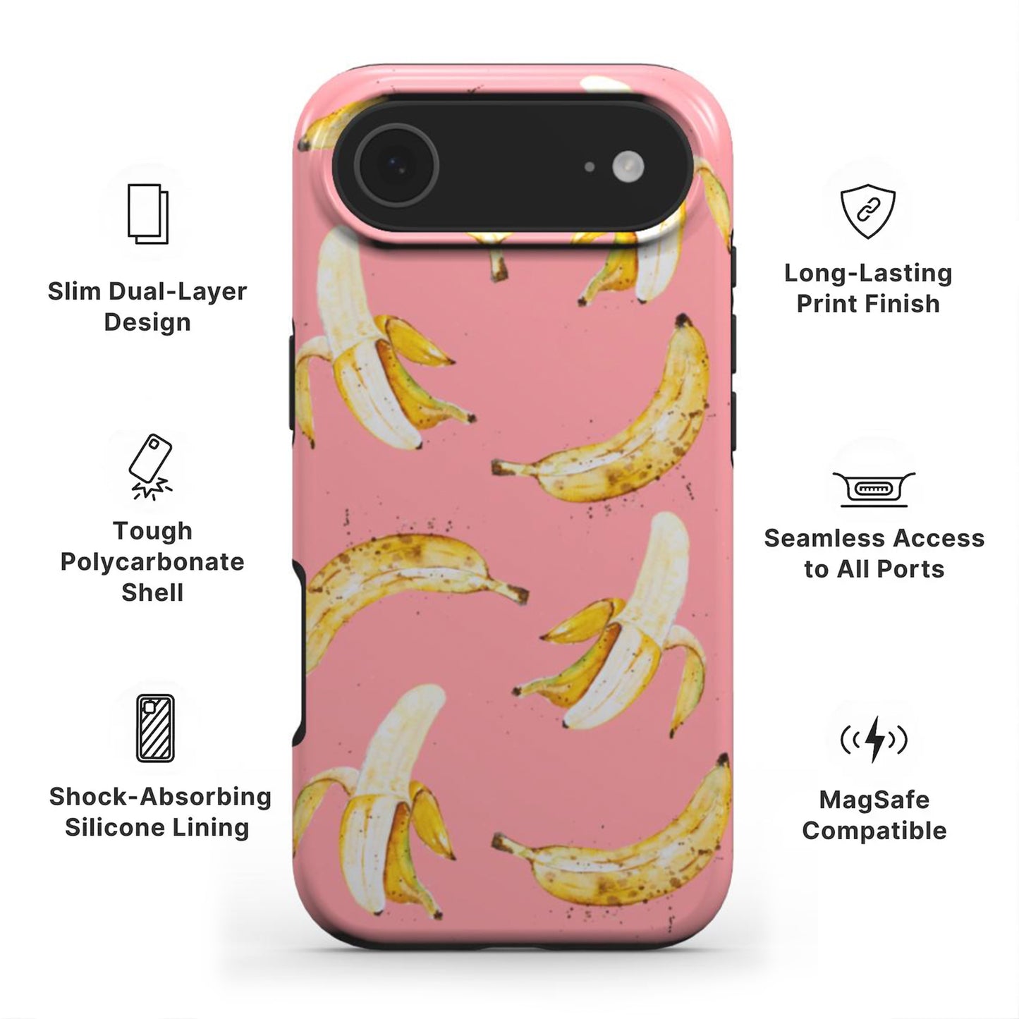 Banana Tough Phone Case showing features like dual-layer protection, Scratch-resistant print and easy access to all ports