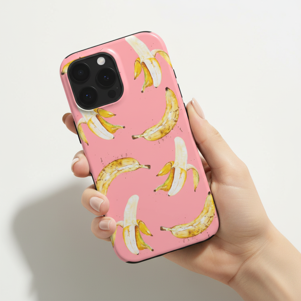 Phone case with banana pattern held by a hand showing it in real life